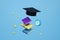 Minimalist yellow balls, books and graduation cap floating in the air on blue background. 3d render