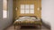 Minimalist yellow and wooden bedroom in scandinavian style, double bed with duvet, pillows and blanket, parquet, frame mockup,