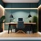A minimalist, Zen-inspired home office with a clutter-free desk, calming colors, and natural materials3