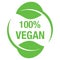Minimalistic 100% vegan logo. Linear 100% vegan food symbol inside circle with leaves, Vector illustration