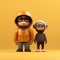 Minimalistic 3d Cartoon: Monkey And Anthony In Vibrant Orange Clothing