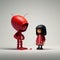 Minimalistic 3d Character: Red Robot And Girl In Red Coat