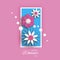 Minimalistic 8 March. Origami Happy Women`s Day. Floral Greeting Card. Paper cut Pink Blue Flowers. Rectangle vertical