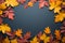 Minimalistic autumn design Maple leaves, cones on dark gray backdrop