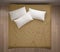 Minimalistic bedroom, top view, closeup on double white and yellow bed, parquet floor, contemporary modern interior design