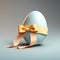 Minimalistic blue egg with golden ribbon on a plain grey background