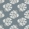 Minimalistic botanic seamless pattern with monstera leaf ornament. Navy blue pale background. Grey palm foliage