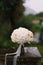 Minimalistic bridal bouquet of white roses and hortense with white ribbons on the wet stone railing