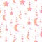 Minimalistic celestial seamless pattern with moons and stars with circles on top. Repetitive background with pink gradient.