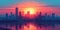 Minimalistic Cityscape Against A Vibrant Sunrise Backdrop, In A Flat Vector Style, Copy Space