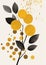 Minimalistic collage of branches with green and yellow leaves on light gray background. Surreal collage-style paintings