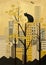 Minimalistic collage of a cityscape, trees and black cat on mustard color background. Surreal collage-style paintings