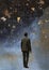 Minimalistic collage of man in black suit at night walking in the sky and looking around in the universe