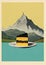 Minimalistic collage of a plate in the water with yellow cake and a peaky rocky mountain in the background. Surreal