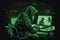 Minimalistic concept of alone hacker programmer surrounded by green programming codes in a dark ambient cyber space, sitting at a