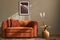 Minimalistic concept of stylish living room interior with design velvet ore sofa, mock up poster frame, stool, pillow, decoration.