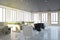 Minimalistic coworking office interior with equipment, furniture, city view and sunlight.