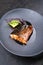 Minimalistic design Japanese salmon fish filet with vegetable and nori glazed in teriyaki sauce on a modern design plate