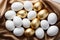 Minimalistic elegance white and gold Easter eggs, flat lay