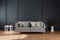 Minimalistic elegant living room interior with single vintage sofa in front of dark grey wall; copy space white posters canvas; 3D
