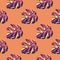 Minimalistic exotic seamless pattern with purple leaf silhouettes. Orange background. Stylized print