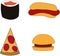Minimalistic fast food. Pizza and burger. Hot dog and sushi. Design for cafe, restaurant and menu, flyers, advertisements and