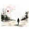 Minimalistic Gothic Illustration: Woman Walking In Snow With Red Splatter Painting