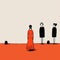 Minimalistic Gothic Illustration: Women In Orange Dresses Gaze At A Small Figure