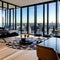 A minimalistic, high-rise apartment with floor-to-ceiling windows, sleek furniture, and a skyline view3, Generative AI