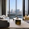 A minimalistic, high-rise apartment with floor-to-ceiling windows, sleek furniture, and a skyline view4, Generative AI