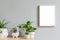 Minimalistic home interior with mock up photo frame on the brown table with composition of cacti and succulents in stylish pots.