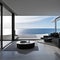 Minimalistic House Interior design with view to the ocean, black and white design