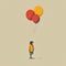 Minimalistic Illustration Of A Girl Holding Balloons On A Dark Yellow And Red Background