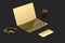 Minimalistic illustration of a golden laptop and accessories. 3D illustration