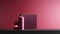 Minimalistic image of a pink shampoo bottle in the center of the podium. Luxurious studio lighting. Generative AI
