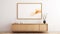 Minimalistic Japanese Style Orange Abstract Painting On Wooden Chest