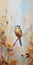 Minimalistic Landscape Painting: Bluetailed Bird On Branch In Beige And Amber