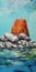 Minimalistic Landscape Painting: Orange Rock In Turquoise And White