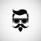 minimalistic logo with the head and face of man with a mustache and beard wearing glasses on a white background. An