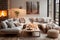 Minimalistic modern interior of the living room with a large cozy light sofa with pillows and a coffee table by the window