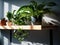 Minimalistic office with airpurifying plant on floating shelf