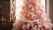 Minimalistic peach fuzz colored Christmas interior and a decorated Christmas tree on the side