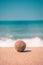 Minimalistic photo of seaweed on the sand with shallow depth of field overlooking the sea.