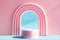 Minimalistic pink stage with pink podium on blue glittering background.
