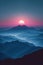 A minimalistic representation of mountain peaks rising against a minimalist sunrise