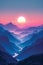 A minimalistic representation of mountain peaks rising against a minimalist sunrise