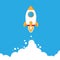 Minimalistic rocket launch flat icon. Rocket illustration with clouds, space and launch fire, flat modern art.