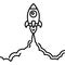 Minimalistic rocket launch line icon. Rocket illustration with clouds, space and launch fire, line art.