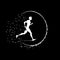 Minimalistic round logo template, white icon of runner silhouette on black background, modern logotype concept for