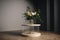 a minimalistic round podium, with a flowering plant and glass of water